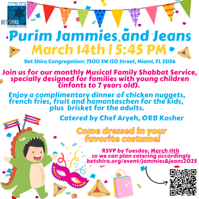 Bet Shira's Jammies & Jeans: Purim-Themed | March 14th at 5:45 PM